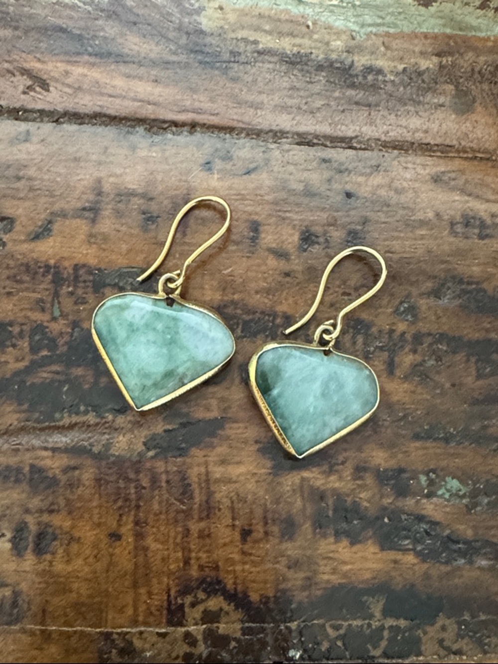 Gold-Trim Green Stone Heart Drop Earrings